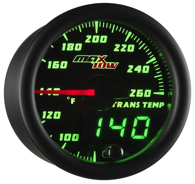 MaxTow Double Vision 260F Transmission Temperature Gauge Kit - Includes 1/8-27 NPT Electronic Sensor & Wiring - Black Dial - Green LED Lighting - Analog & Digital Readouts - for Trucks - 2-1/16" 52mm - Image 1